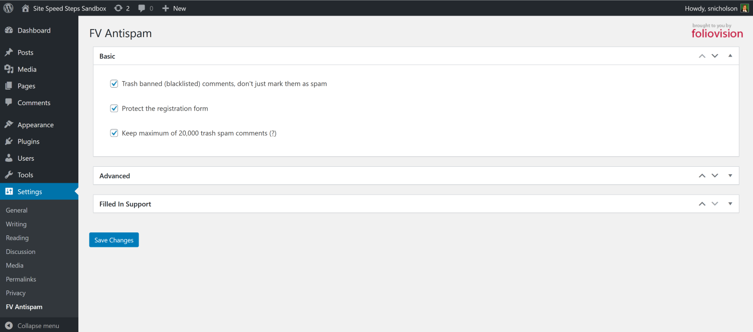 The FV Anti Spam plugin configuration