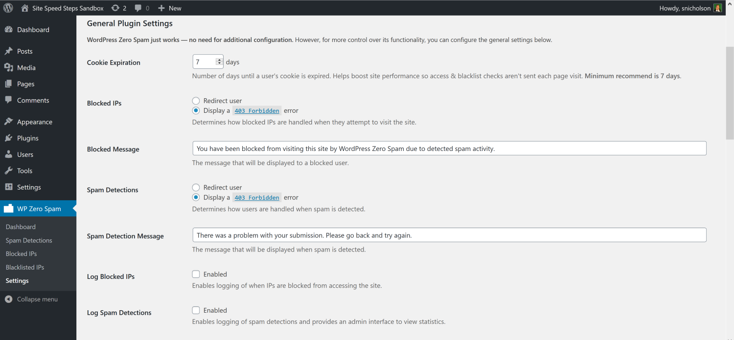 WordPress Zero Spam Plugin Settings Page
